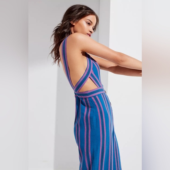 UO Ameliana Straight-Neck Button-Down Jumpsuit Linen Blend Blue Purple Size 10 - Picture 6 of 9